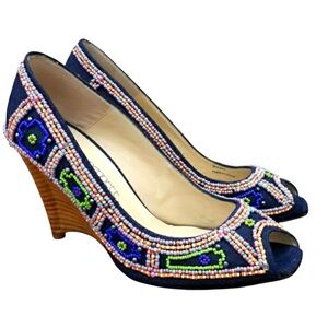 Jessica Bennett Jkirabu Beaded Denim Peep Toe Wedge Heels Beaded Wooden Platform